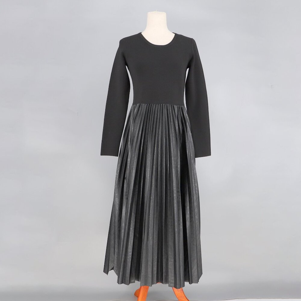 ELIE TAHARI The Mave Pleated Faux Leather Mixed Media Midi Dress Noir Size M